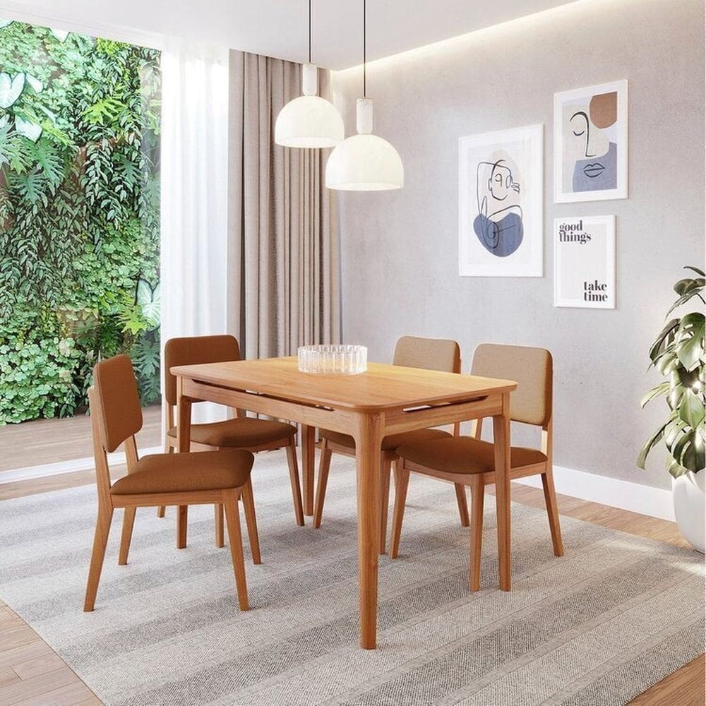 Conjunto Sala de Jantar 1 Mesa 130cm 4 Cadeiras Miriti Cabecasa madeiramadeira Caramelo