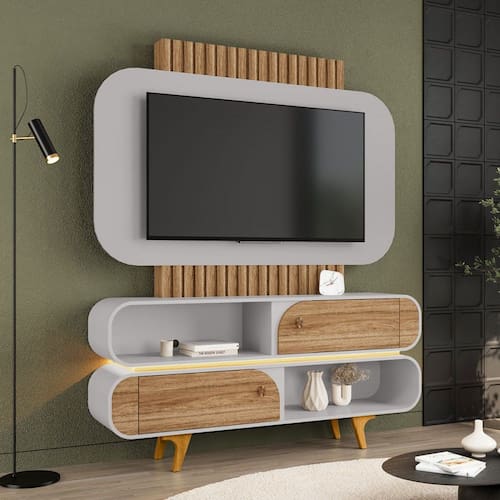 imagem-Estante para TV Até 55 Polegadas Camboriú 2 Portas com Led Cinamomo/Off White - Móveis Bechara - Marrom
