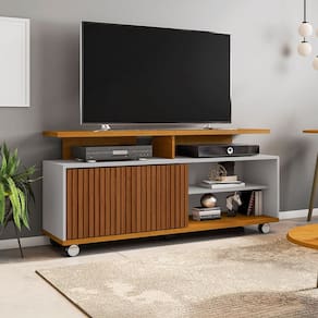 Rack para TV Até 52 Polegadas 1 Porta Topázio Ripado 3d Naturallle/Off White - Móveis Bechara