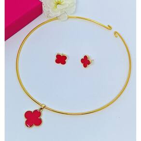 kit Colar Choker aro liso Rigído Par de Brincos antialérgico com Pingente Flor trevo Rosa Verde Branco Tendência Fashion