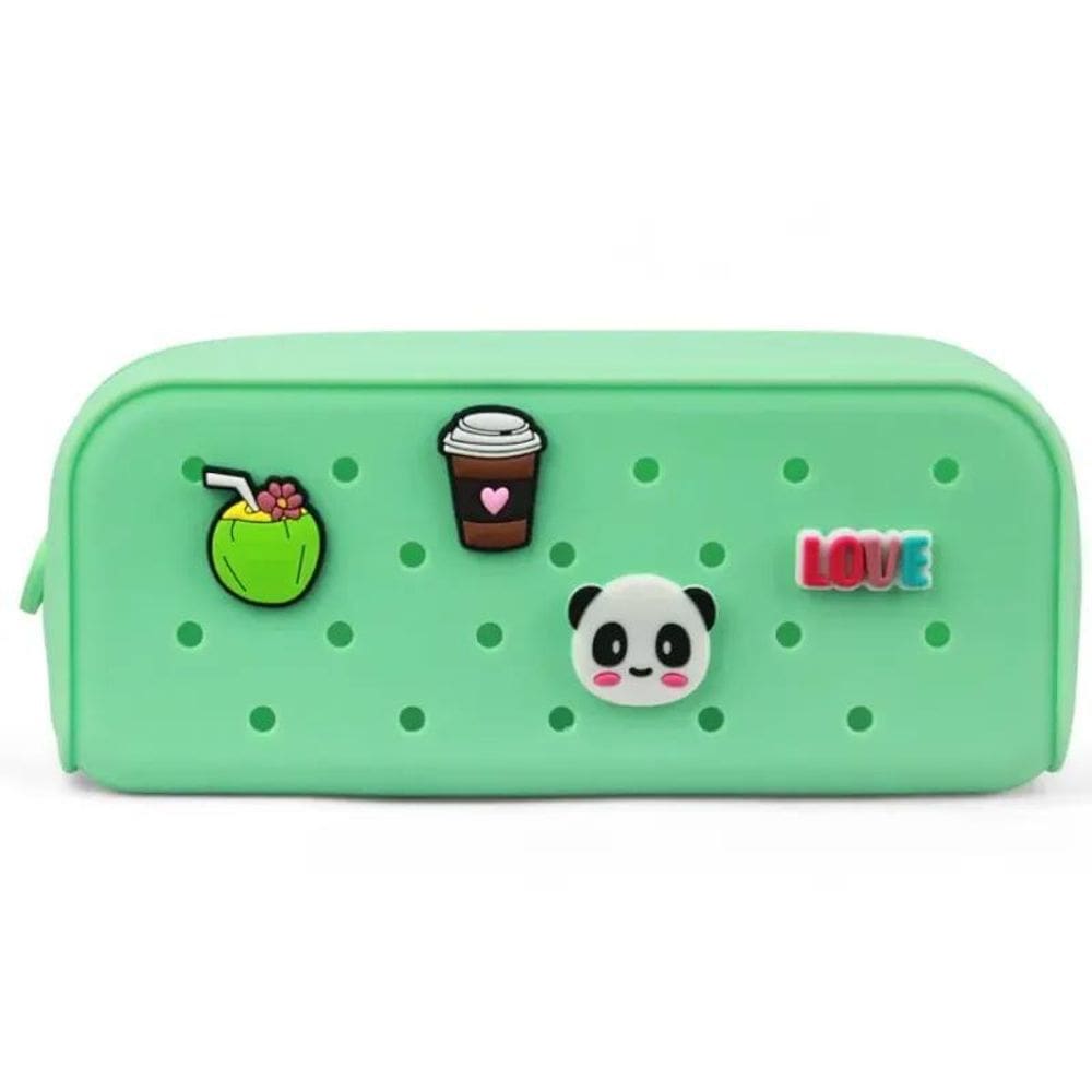Estojo Escolar Silicone Com 4 Pingentes Charm Polibras Verde