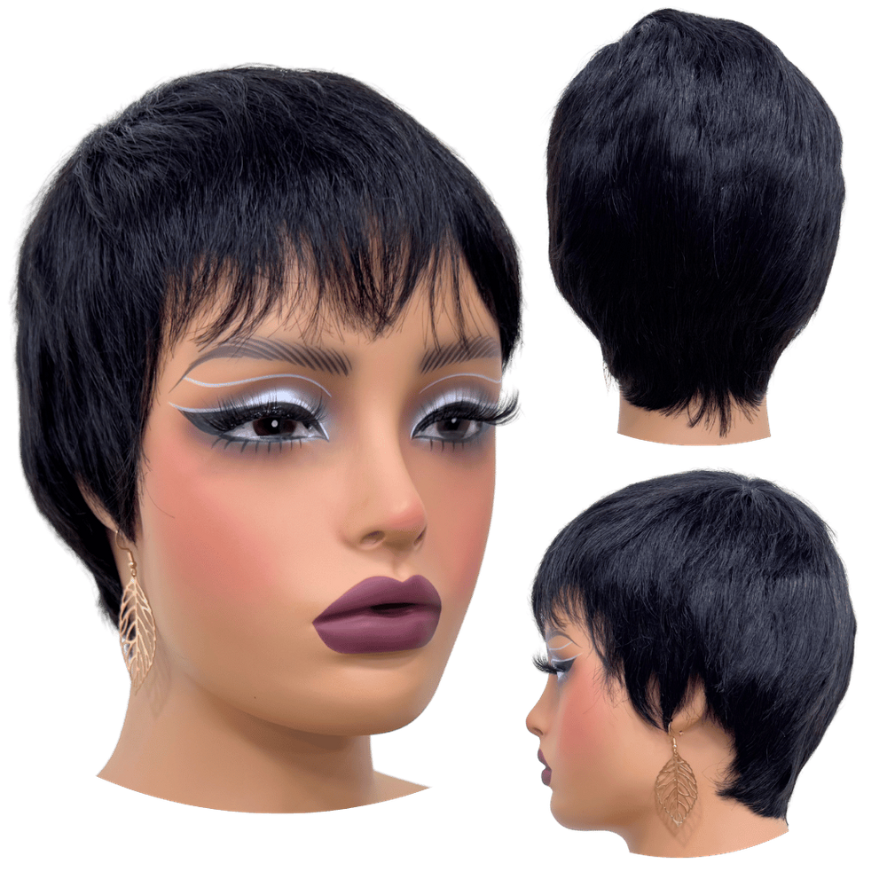 Peruca curta preta cabelo humano liso verão prática natural