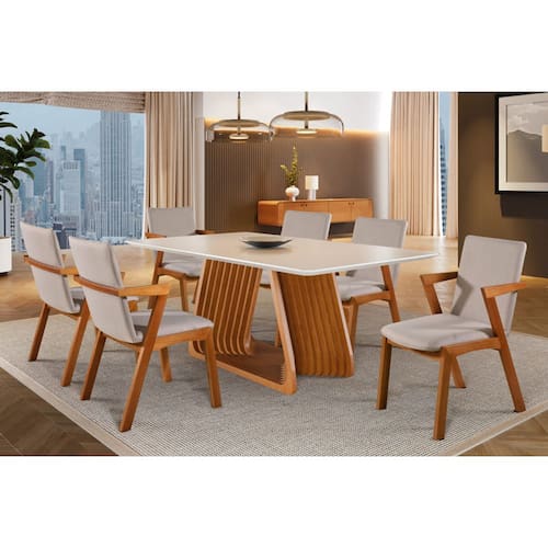 imagem-Sala de Jantar com Vidro Madeira Maciça 6 Cadeiras 1,80x0,90m - Obisidiana - Harmonia Salas - Off White 