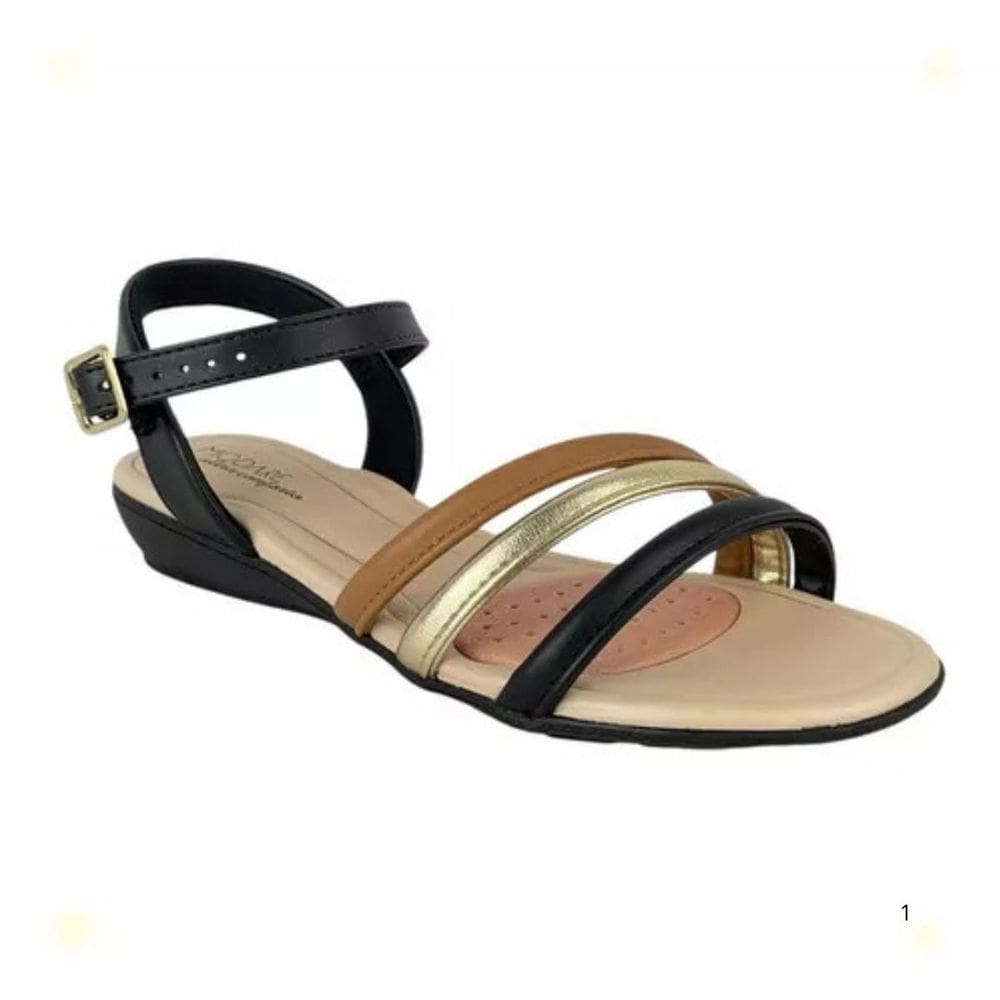 Sandália Modare Napa Stretch Confort Anabela Casual Feminina Preto Dourado