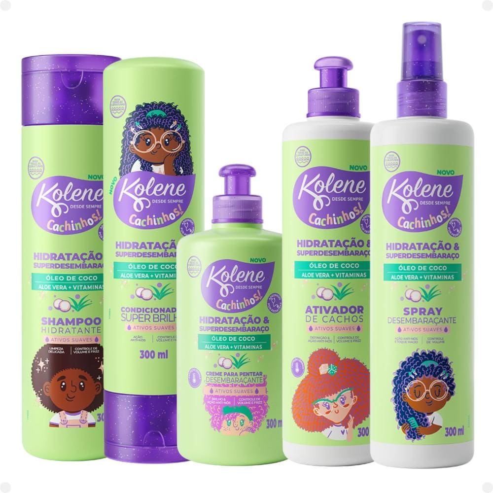 Kit Kolene Cachinhos: Shampoo, Condicionador, Creme para Pentear, Ativador de Cachos Spray Desembaraçante 300ml