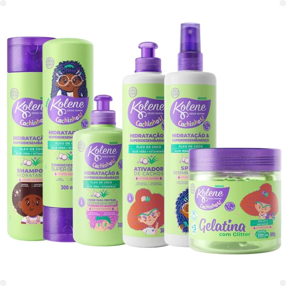 Kit Kolene Cachinhos: Shampoo, Condicionador, Creme para Pentear, Ativador de Cachos, Spray Desembaraçante e Gelatina