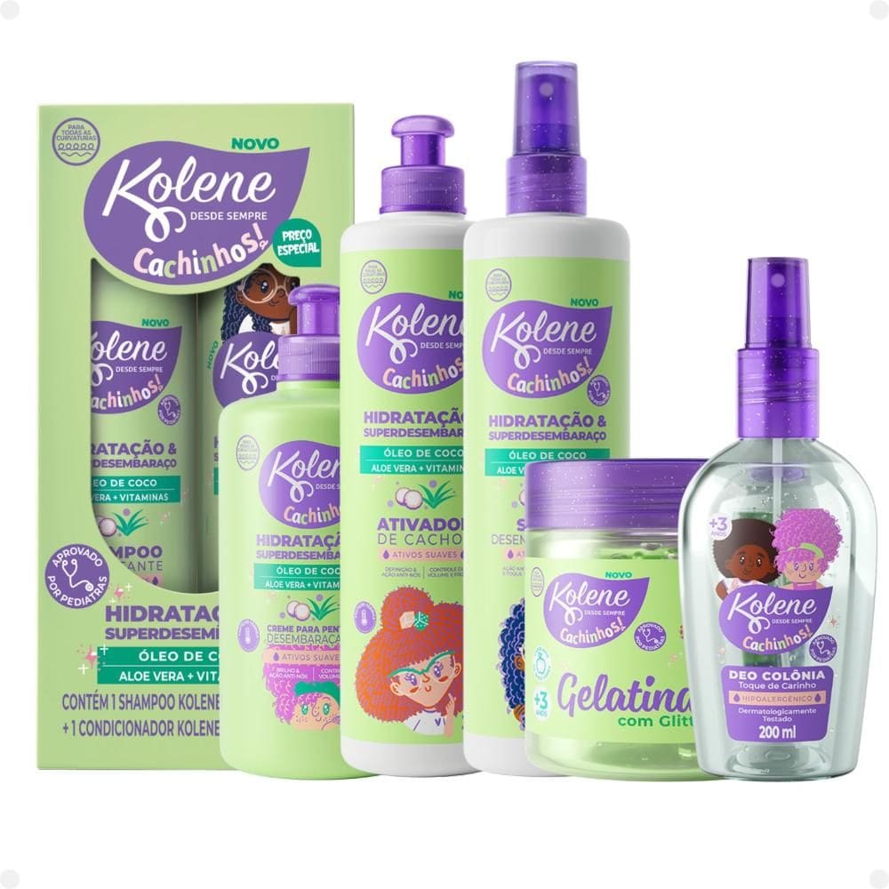 Kit Kolene Cachinhos: Shampoo 300ml, Condicionador 200ml, Creme para Pentear, Ativador de Cachos, Spray Desembaraçante, Gelatina e Deo Colônia