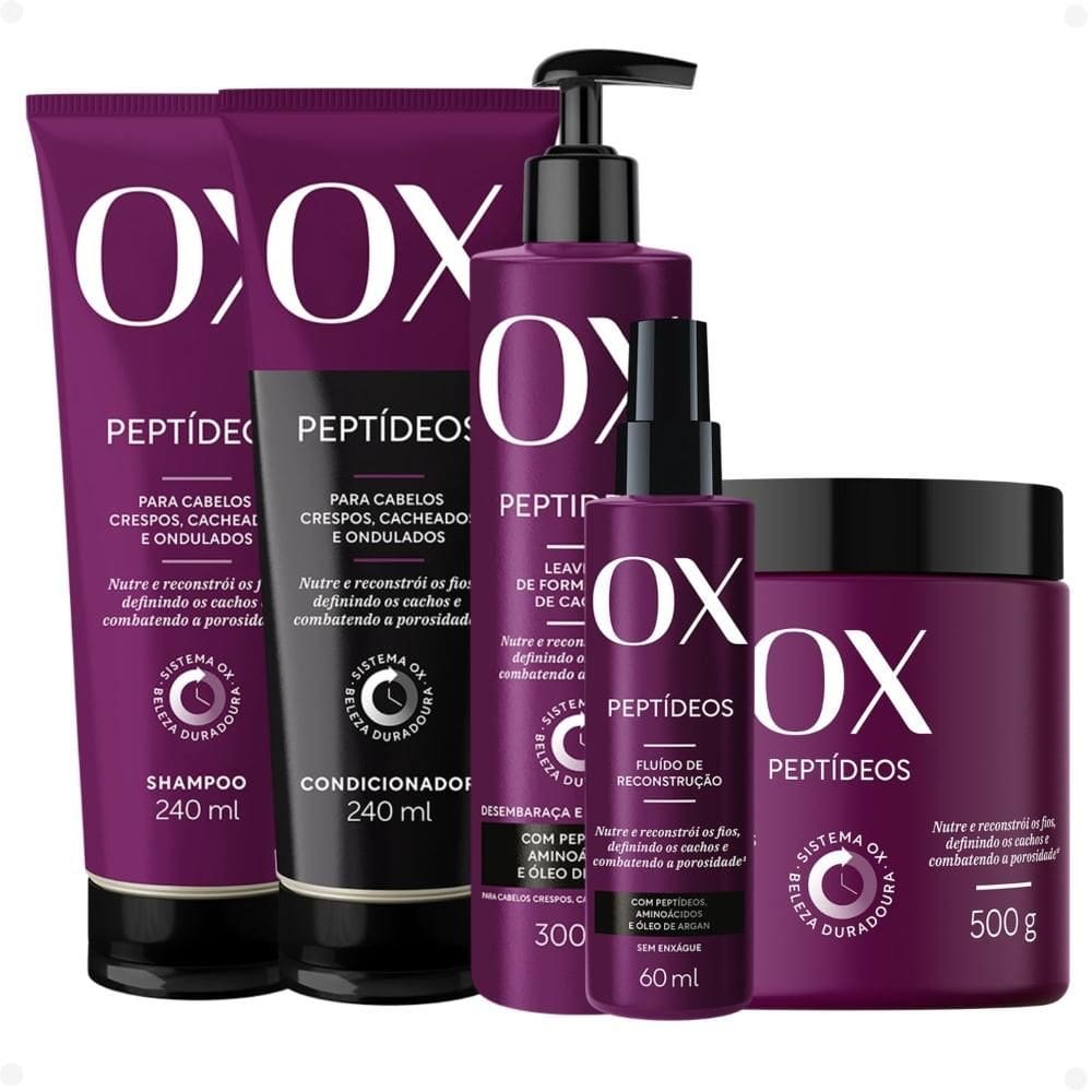 Kit OX Peptídeos Cabelos Crespos, Cacheados e Ondulados: Shampoo 240ml, Condicionador 240ml, Máscara de Tratamento 500g, Leave-in 300g e Fluído de Rec