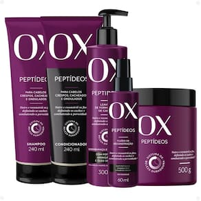 Kit OX Peptídeos Cabelos Crespos, Cacheados e Ondulados: Shampoo 240ml, Condicionador 240ml, Máscara de Tratamento 500g, Leave-in 300g e Fluído de Rec