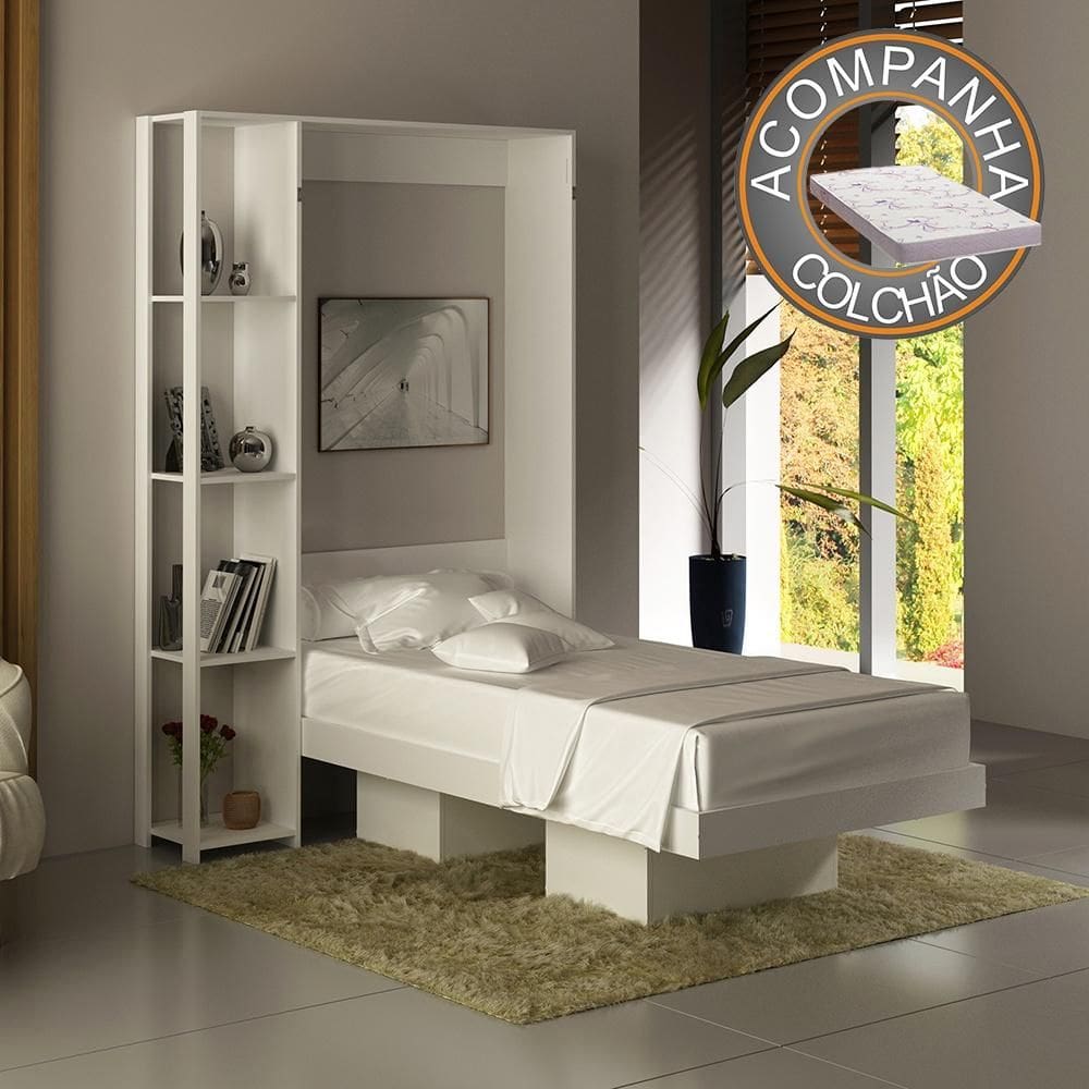 Cama Articulada Solteiro 4 Prateleiras 2 Nichos CM8013 Branco Tecnomobili + Colchão Ortobom