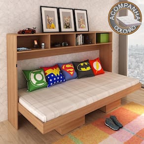Cama Articulada Horizontal Solteiro com Nichos CM8020 Amêndoa Tecnomobili + Colchão Ortobom