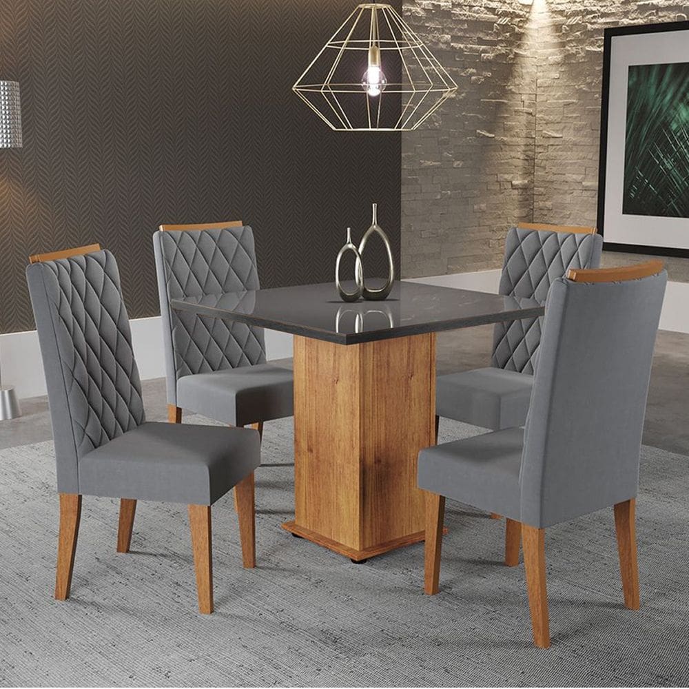 Mesa de Jantar Quadrada Betim com 4 Cadeiras Iza Cobre/Cinza/Vd Grafite - Casa Giulia