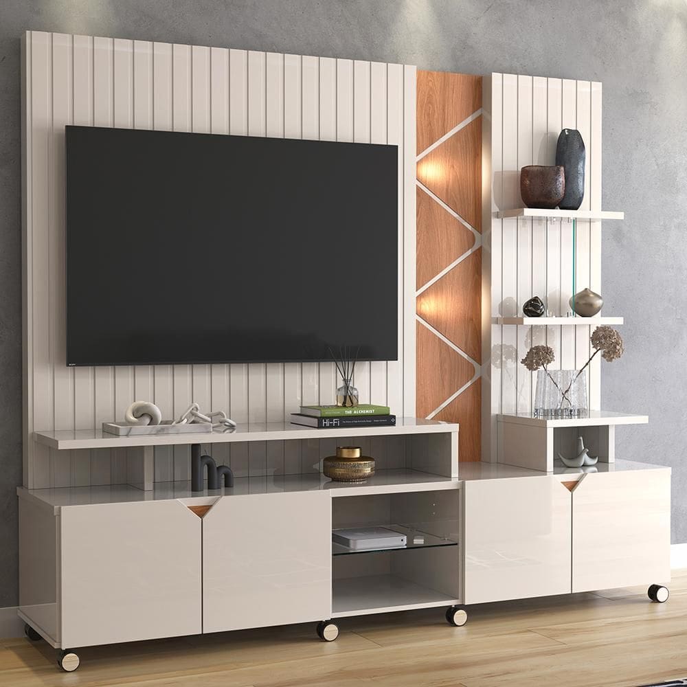 Rack Home Cross Frisado Lukaliam Móveis 2,10m Off White Perolizado com Jequitiba
