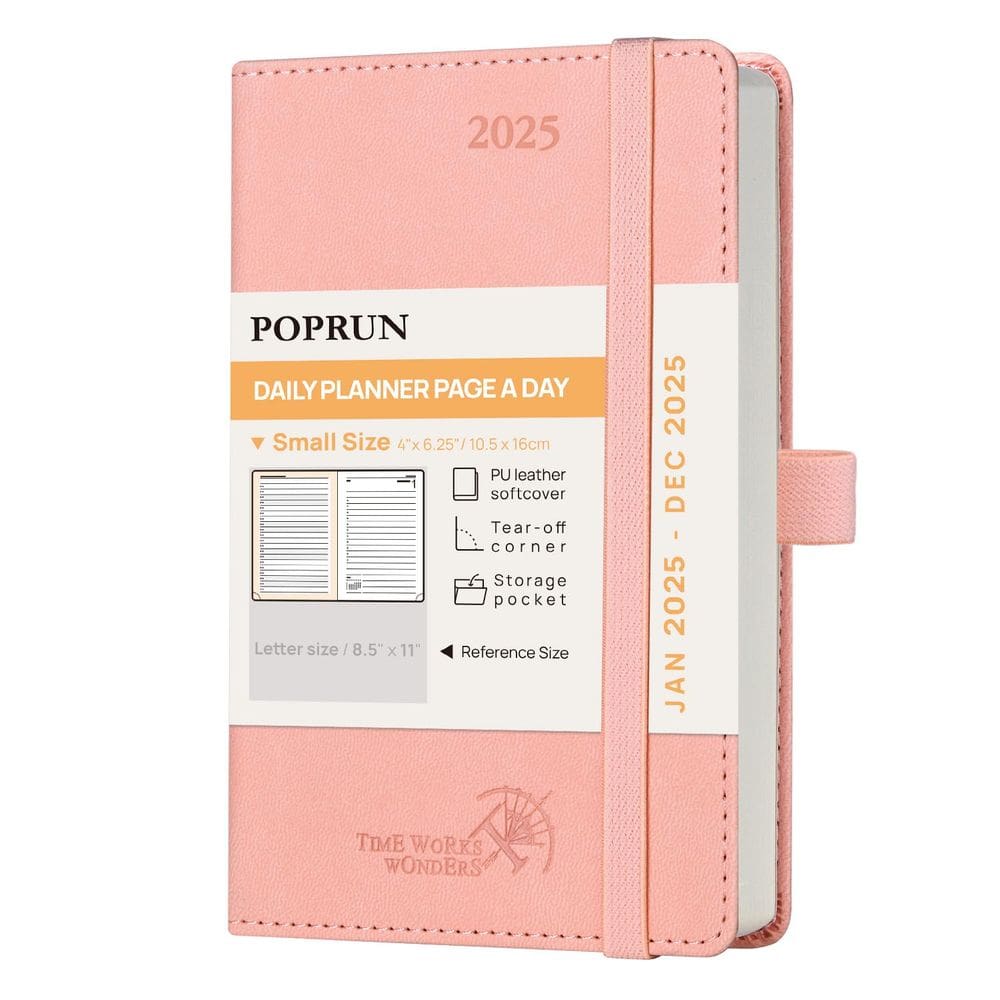 Calendário diário Planner POPRUN 2025, rosa de hora em hora - 4x6,25 polegadas