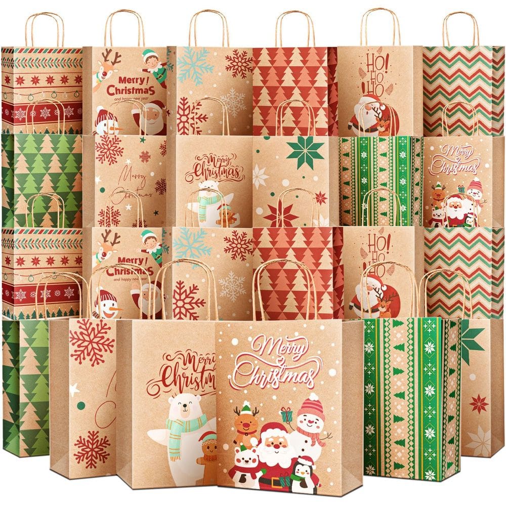 Sacos de presente DeckTheHalls, tamanho médio, papel kraft, pacote com 24