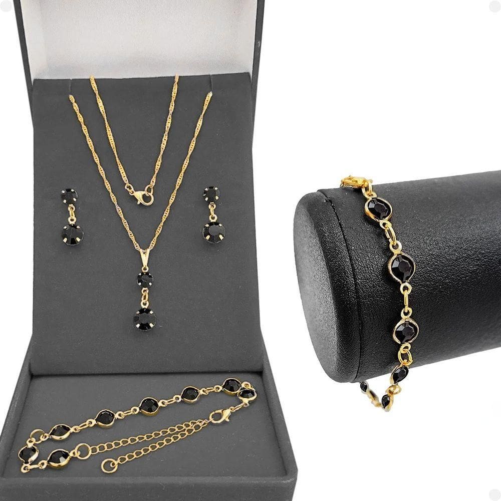 Corrente Veneziana Feminina + Pulseira + Brincos + Pingente Aço Inoxidável Strass Preto Dourada Moda