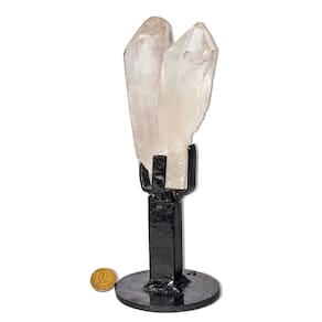 Ponta Quartzo Cristal Gêmeo Pedra Bruto 13cm 402g com Base