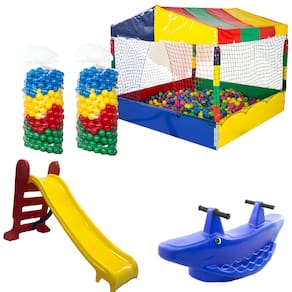 Kit Piscina de Bolinhas 1,50m c/ 1000 Bolinhas Escorregador Médio Gangorra 2 Lugar
