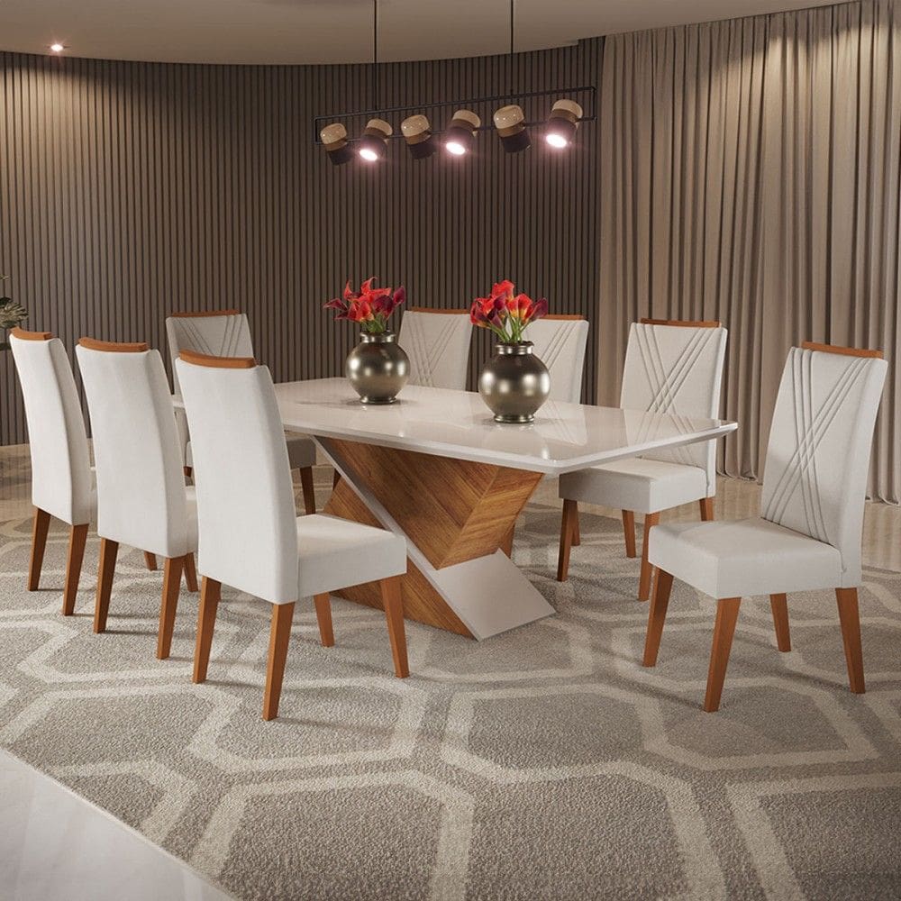 Mesa de Jantar 8 Lugares Easy com Vidro Marrom/Marfim/Off White - Viero Móveis