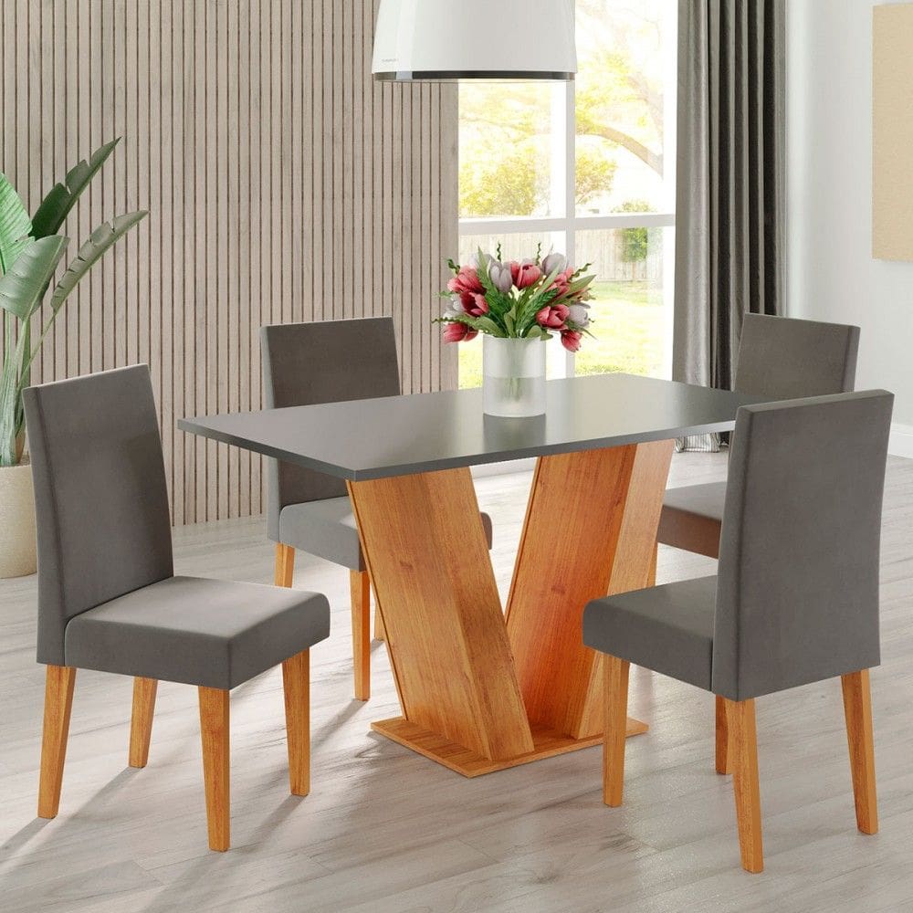 Mesa de Jantar 4 Lugares Felicity Vênus Marrom/Cinza Brilho/Veludo Grafite - Viero Móveis