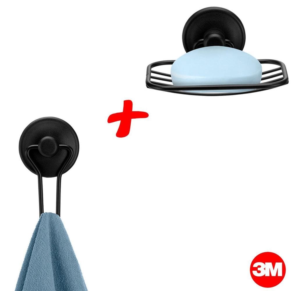 Saboneteira + Suporte Toalha Gancho Preto Arthi 3 M