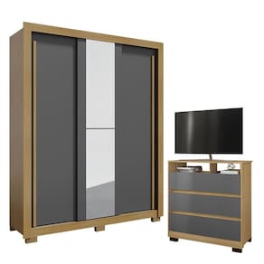Guarda Roupa Nevoa Flex 3 Portas com Espelho e Cômoda Vegas 3 Gavetas Carvalho Americano Grafite - Incorplac