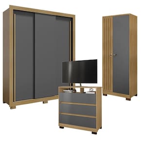 Guarda Roupa Solteiro Nevoa Flex 3 Portas com Cômoda Vegas e Armário Multiuso Versátil com Chave Carvalho Americano Grafite - Incorplac