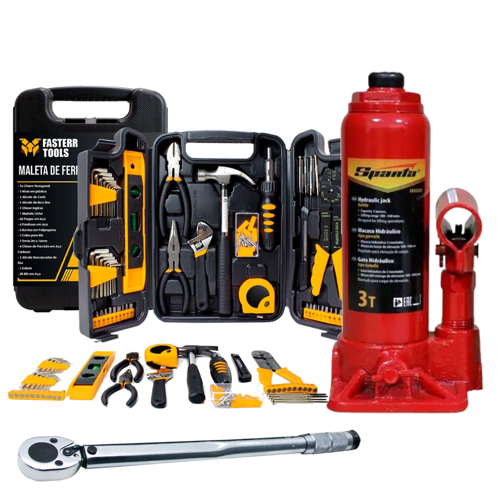Macaco Hidraulico 3 Ton Com Torquimetro Fasterr e Kit de Ferramentas 129 Peças