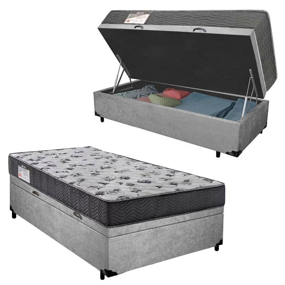 Cama Box Baú Solteiro Suede + Colchão De Molas Ensacadas - Serene - 88x188x62cm Cinza