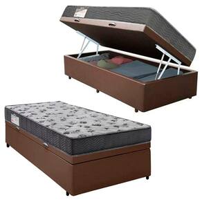 Cama Box Baú Solteiro Sintético + Colchão De Molas Ensacadas - Serene - 88x188x62cm Marrom
