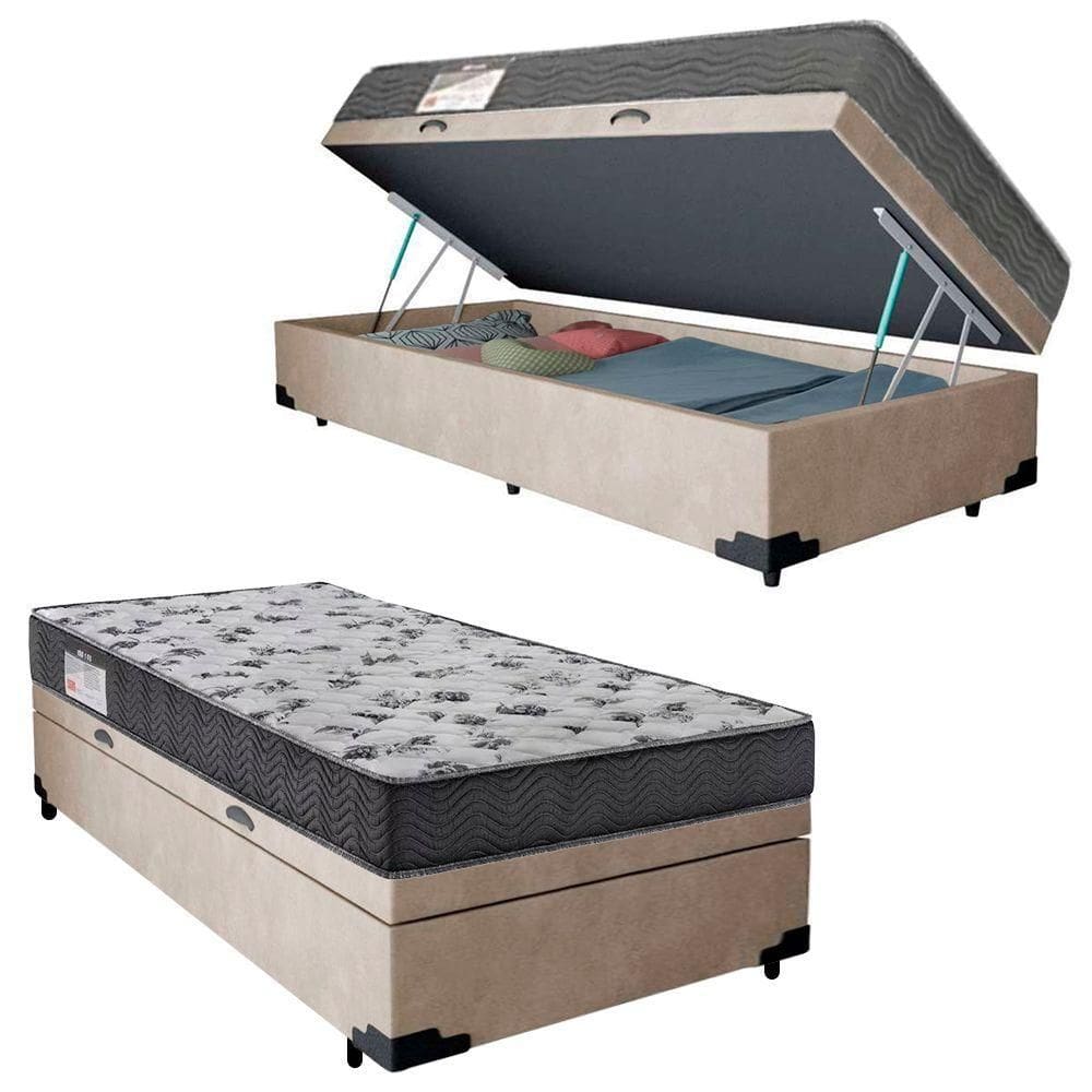 Cama Box Baú Solteiro Suede + Colchão De Espuma D33 Serene 88cm Bege