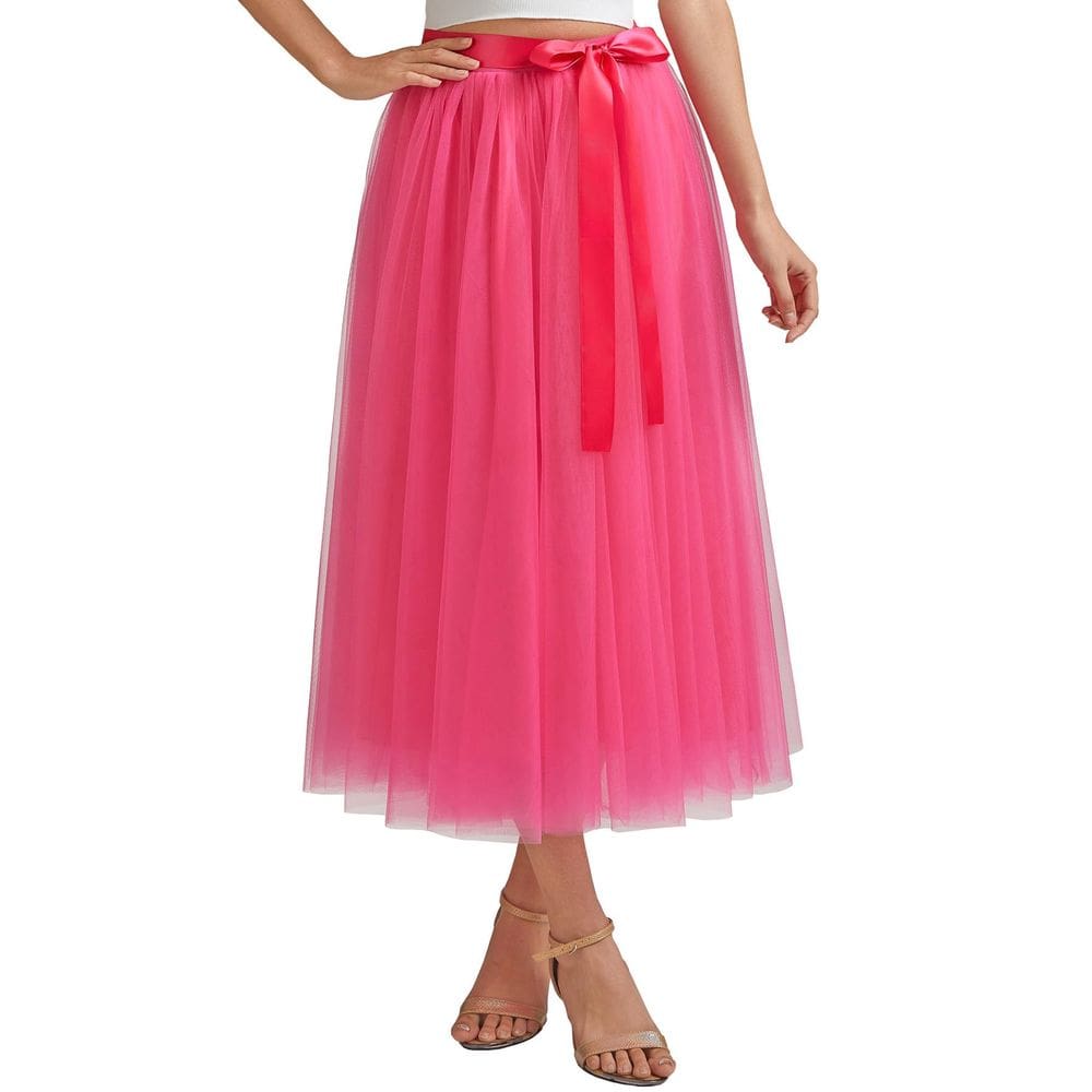 Saia Aiberlisha A Line, comprimento de chá, tule, rosa choque, XL-XXL