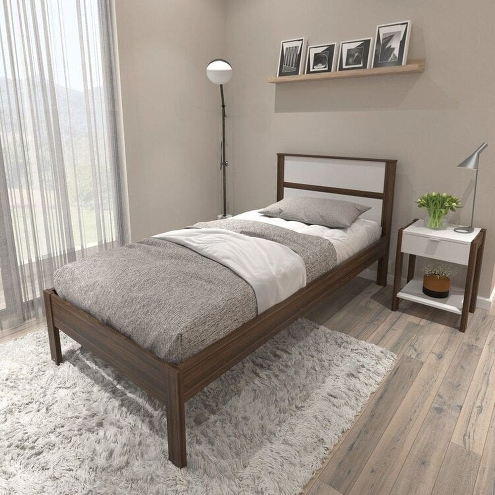 Conjunto Cama Solteiro com 1 Mesa de Cabeceira Nogal/Branco