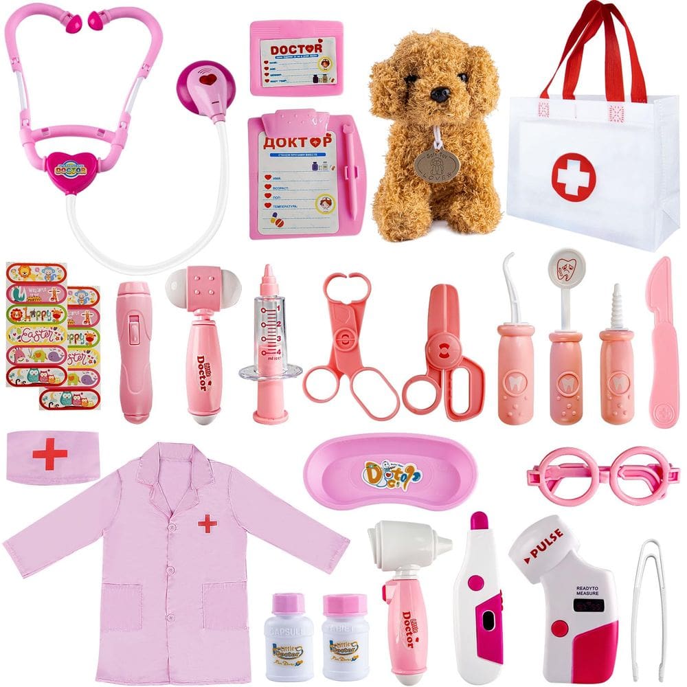 Kit médico Toloe para crianças com brinquedo para cães, bolsa de armazenamento médico de 3 a 6 anos