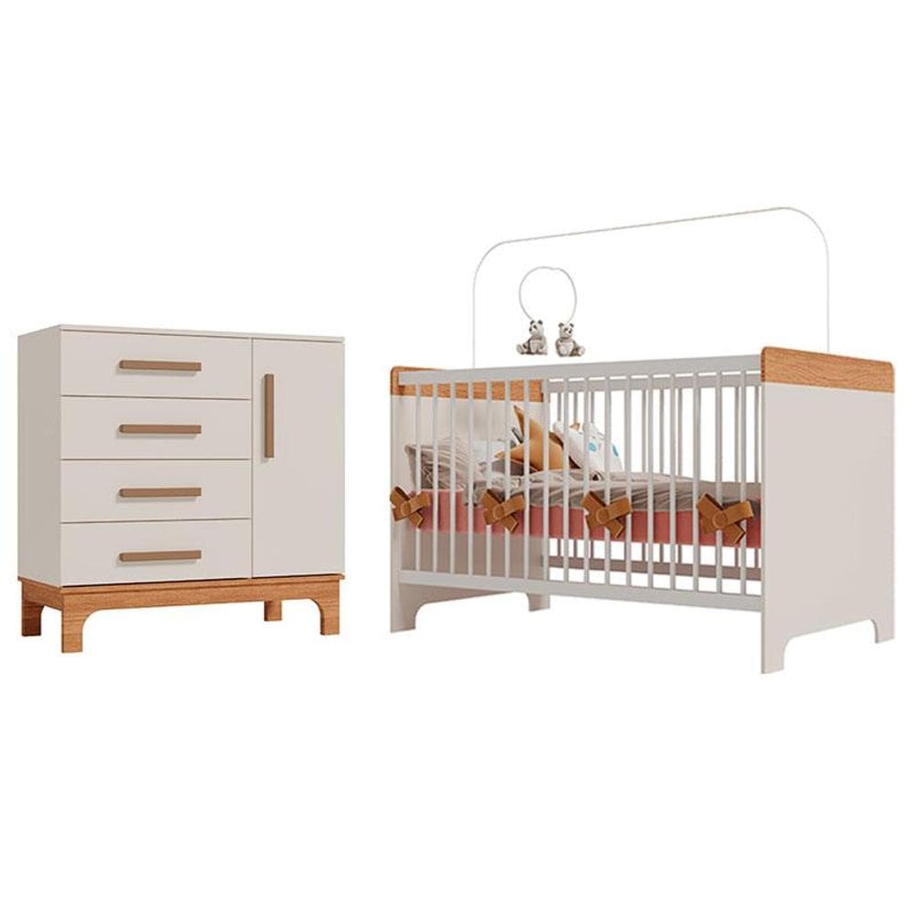 Berço Mini Cama com Cômoda Infantil Pega Pega Off White Caramelo - Canaã