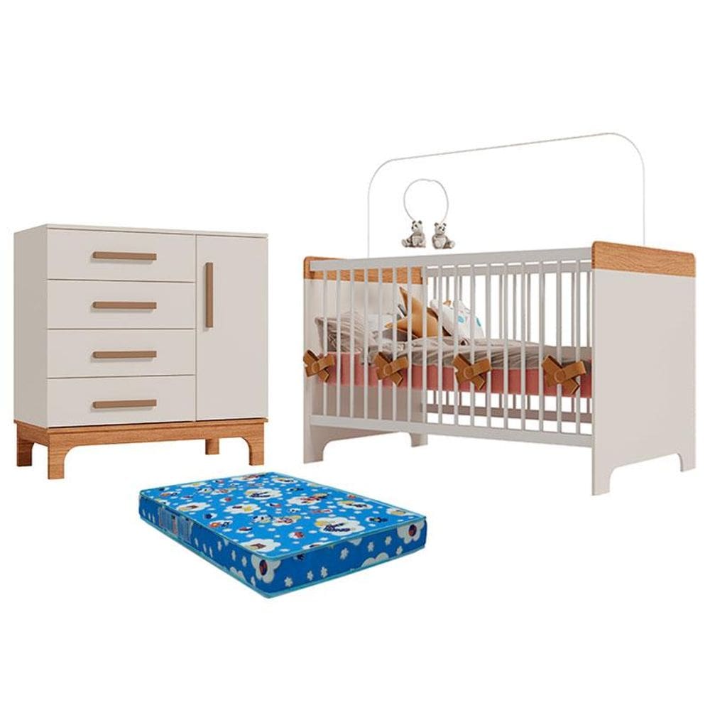 Berço Mini Cama e Cômoda Infantil Pega Pega Off White Caramelo com Colchão Ortobom - Canaã
