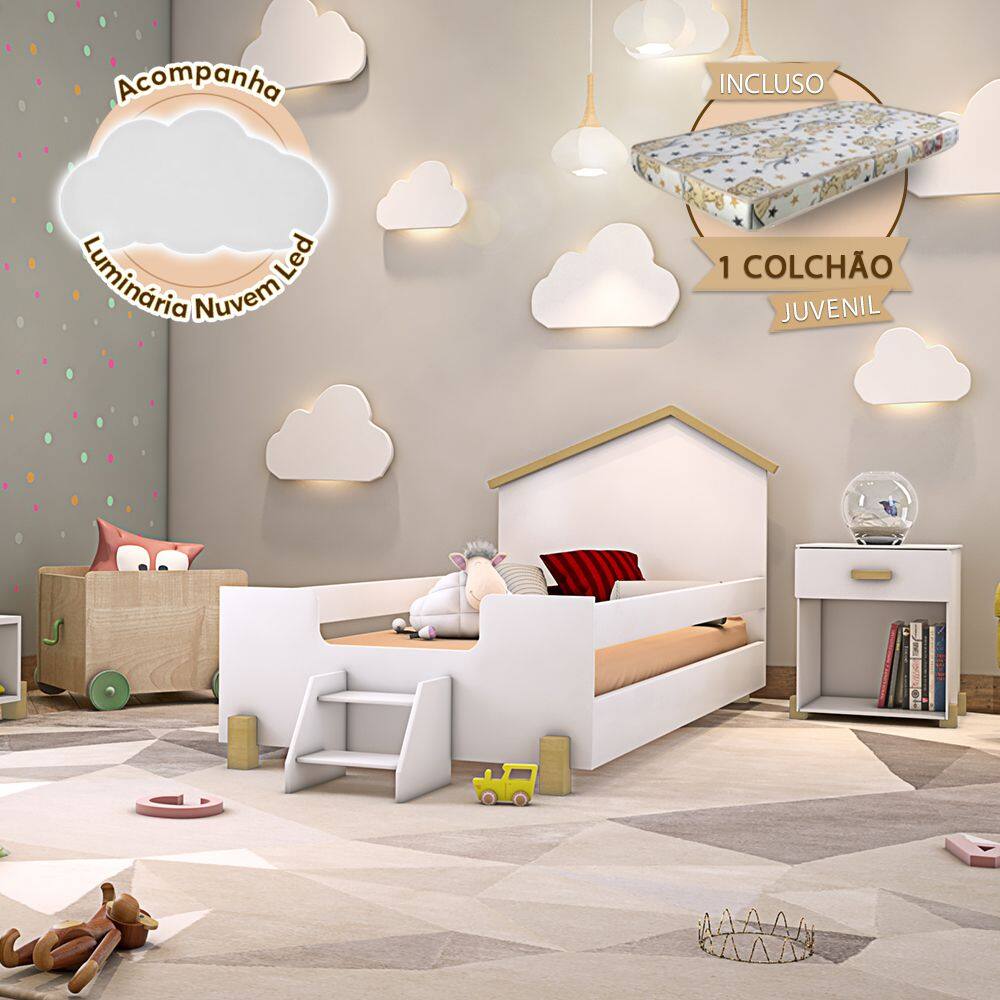 Cama Infantil Montessoriana com Colchão e Escadinha Juvenil Ayla Branca e Natural + Luminária
