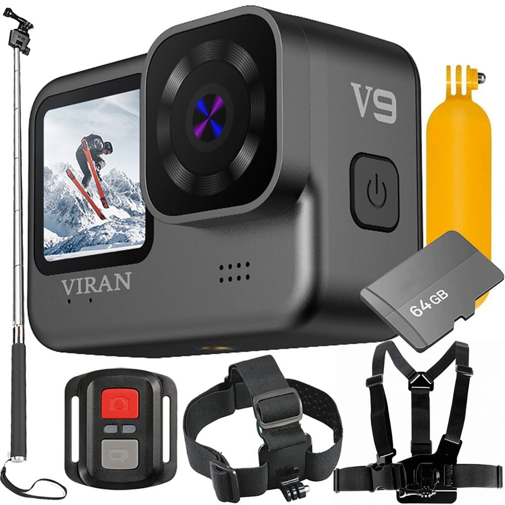 Kit Câmera de ação Viran v9 Wifi + Memória 64gb Suporte Cabeça Peito Bastão Bóia Filmadora 4k 60fps