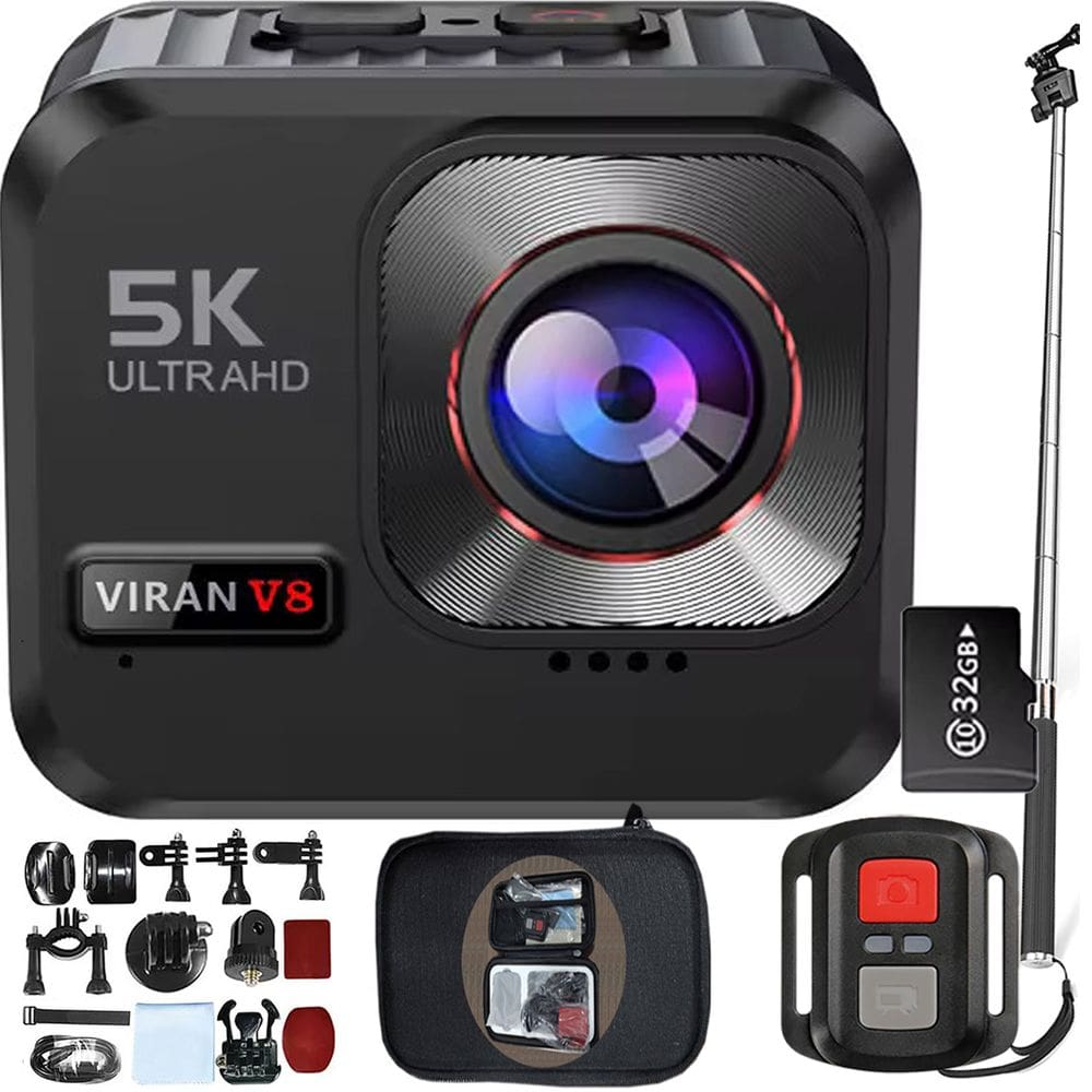 Kit Câmera De Ação VIRAN V8 5k 32gb Bastão Controle Wifi Estabilizador de imagem Prova D`água IP68