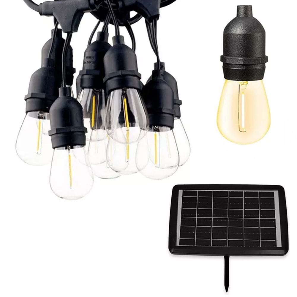 Varal Solar 20 Lampadas 12 Metros Placa Solar LED Filamento Cordao Festa Casamento Aniversario Jardim Quintal Decoraçao Ambiente Externo