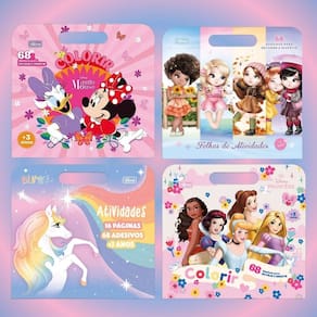 Kit 04 Livro Álbum Infantil de Colorir Pintar Meninas Personagens Disney + 68 Adesivos Diversão Tilibra