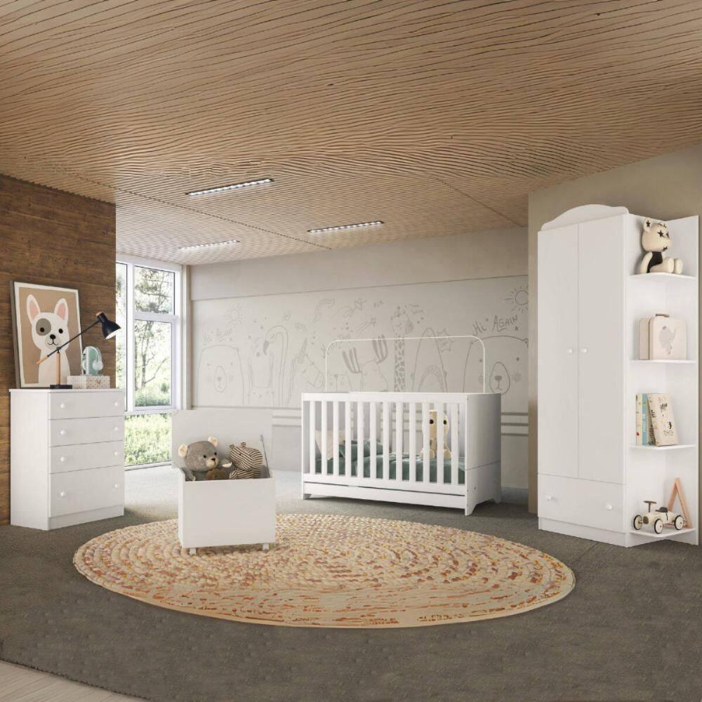 Quarto Infantil Completo com Berço 3 em 1 para Colchão 130x60cm e Baú Multimóveis MP4356