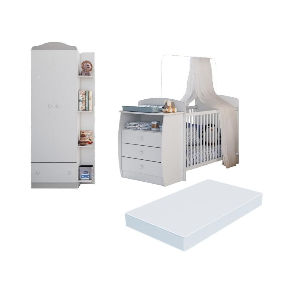 Berço Cômoda com Colchão Incluso e Guarda-Roupa 2 Portas 1 Gaveta Multimóveis MP4348