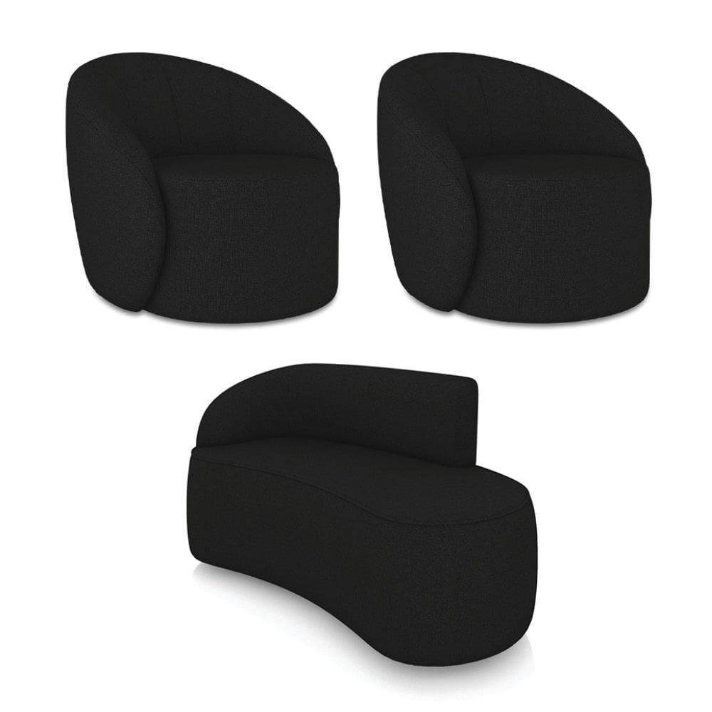 Sofá 2 Lugares Orgânico 140cm Morgan e 2 Poltronas Lua Linho Preto D03 - D`Rossi