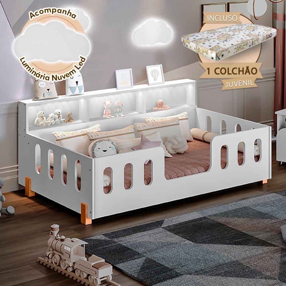Cama de Criança Infantil Montessoriana + Kit Juvenil Led e Nicho Nina Branca Luminária Led