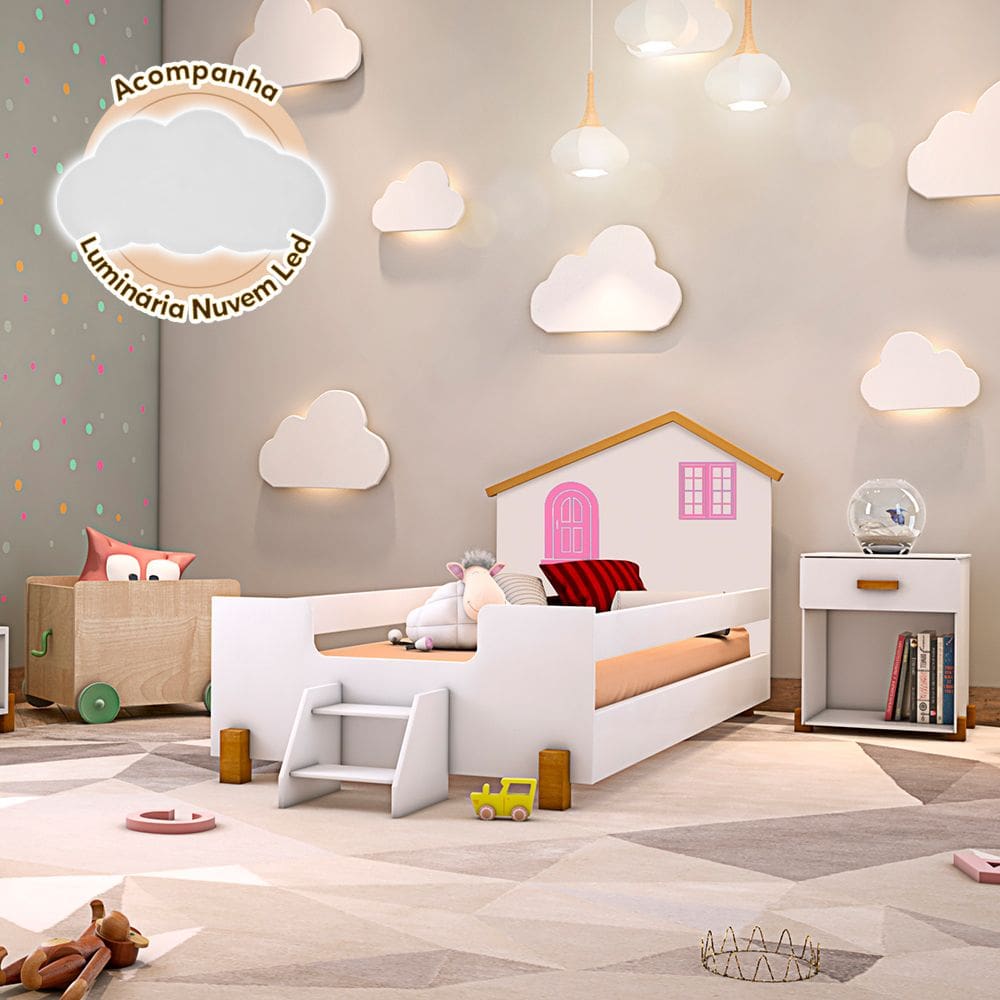 Cama de Criança Infantil Juvenil Belissima Rosa Branca e Amêndoa Luminária Led