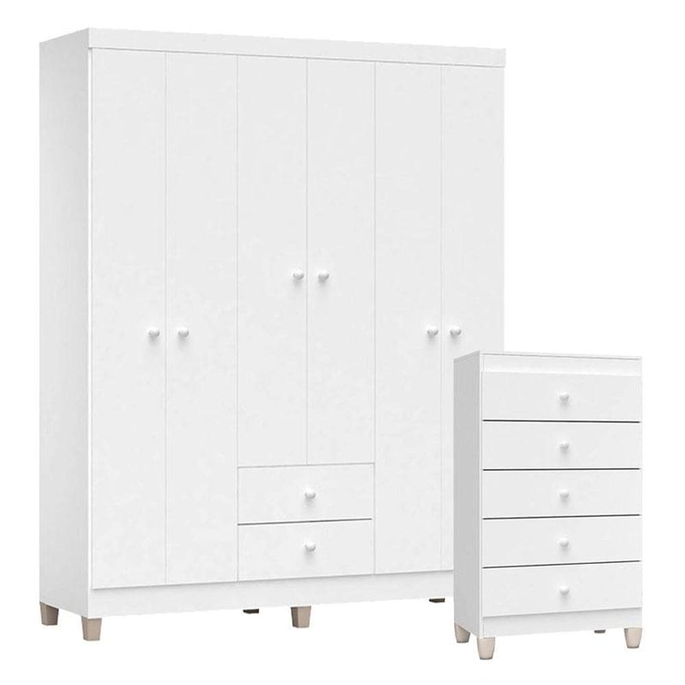 Cômoda Gaveteiro e Guarda Roupa 6 Portas Baby Kids Branco Brilho - Incorplac