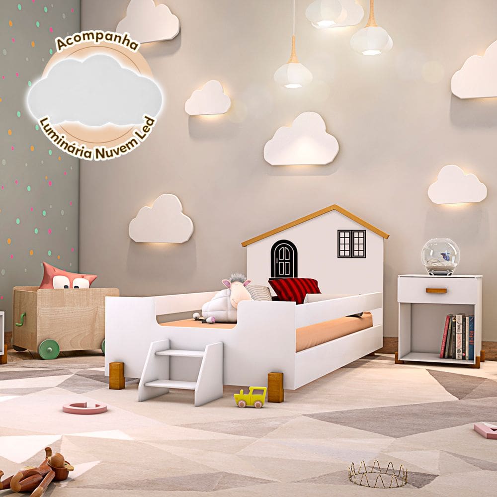 Cama Montessoriana Infantil Juvenil Belissima Preta Branca e Amêndoa Luminária Led