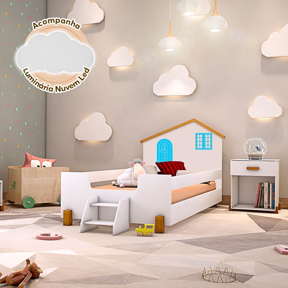 Cama de Criança Infantil Solteiro Belissima Azul - Branco e Amêndoa Luminária Led