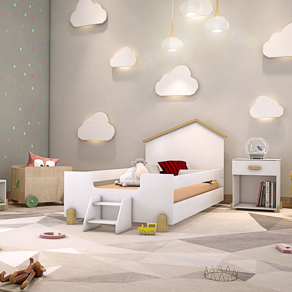 Cama de Criança Infantil com Escadinha Juvenil Ayla - Branca e Natural
